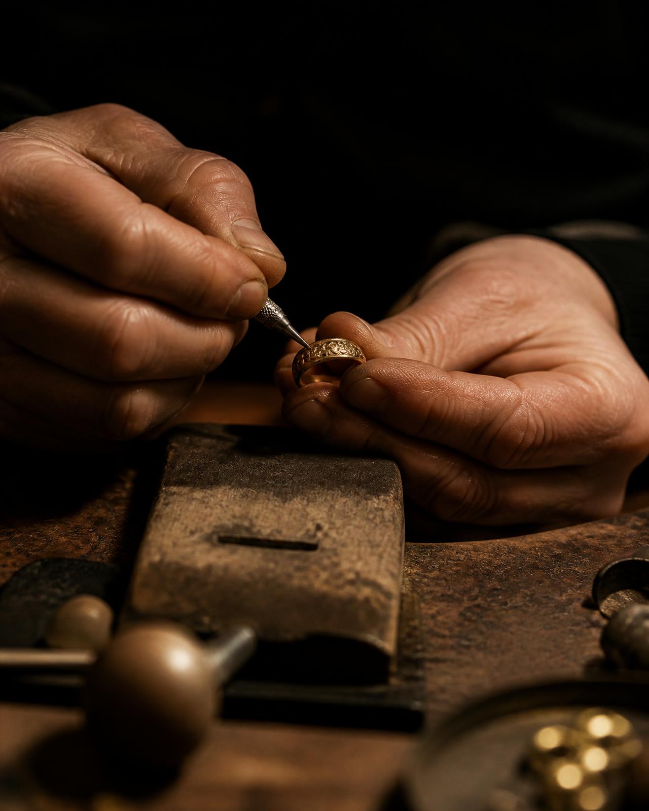A jeweller's hands engraving a gold ring at the workbench