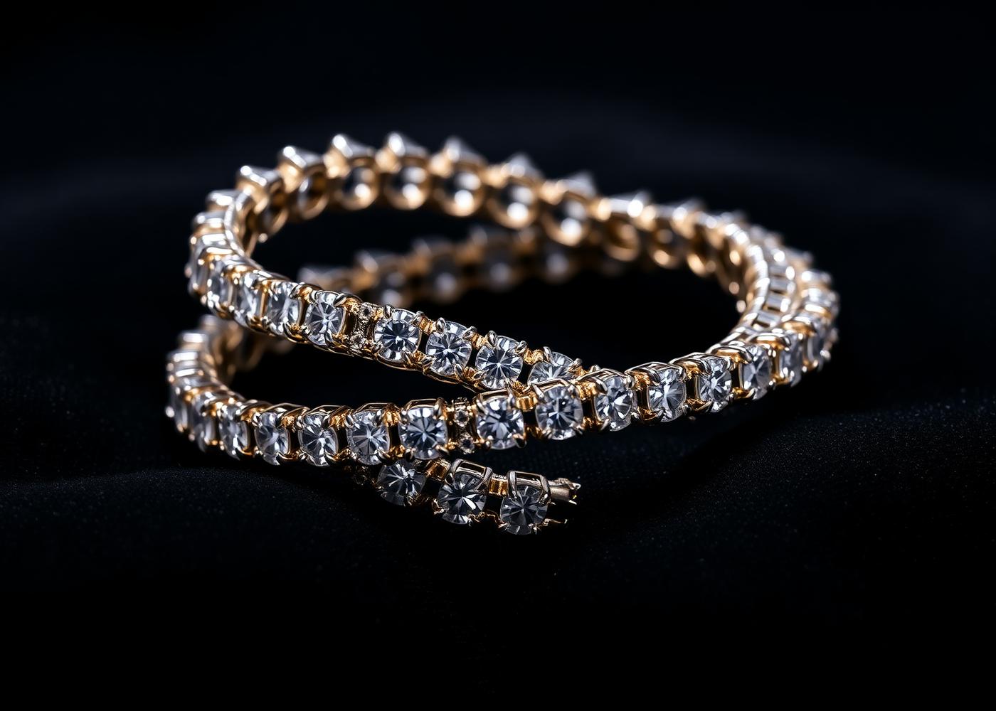 Diamond tennis bracelet coiled on black velvet