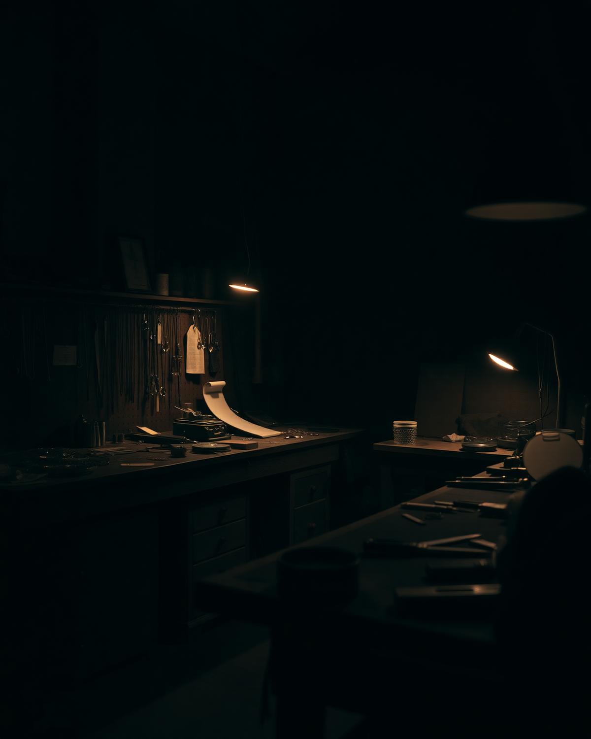 The atelier workbench in low light